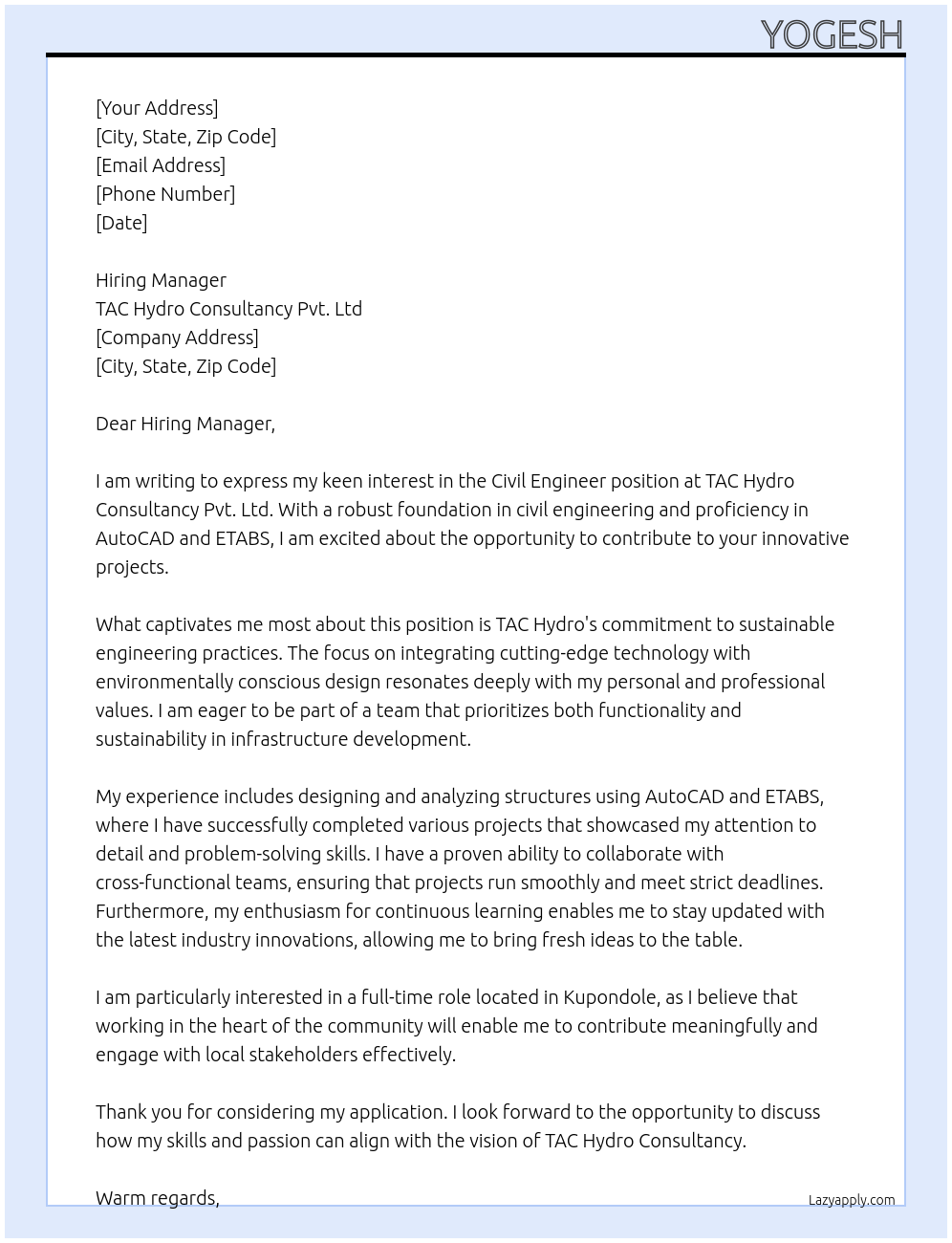 Civil Engineer At TAC Hydro Consultancy Pvt. Ltd Cover Letter