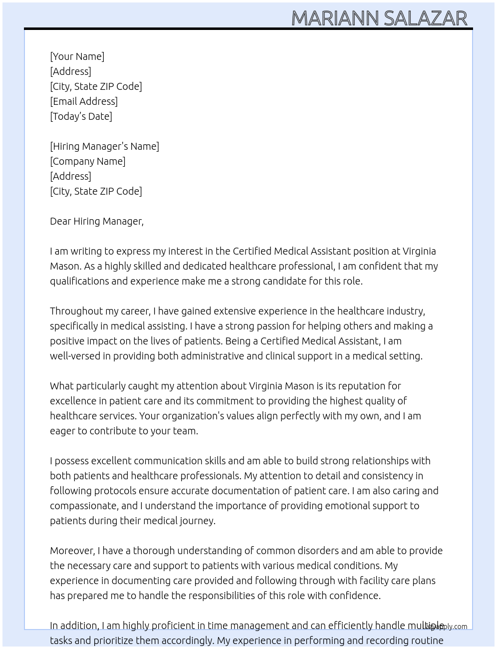 Certified Medical Assistant  At Virginia Mason  Cover Letter