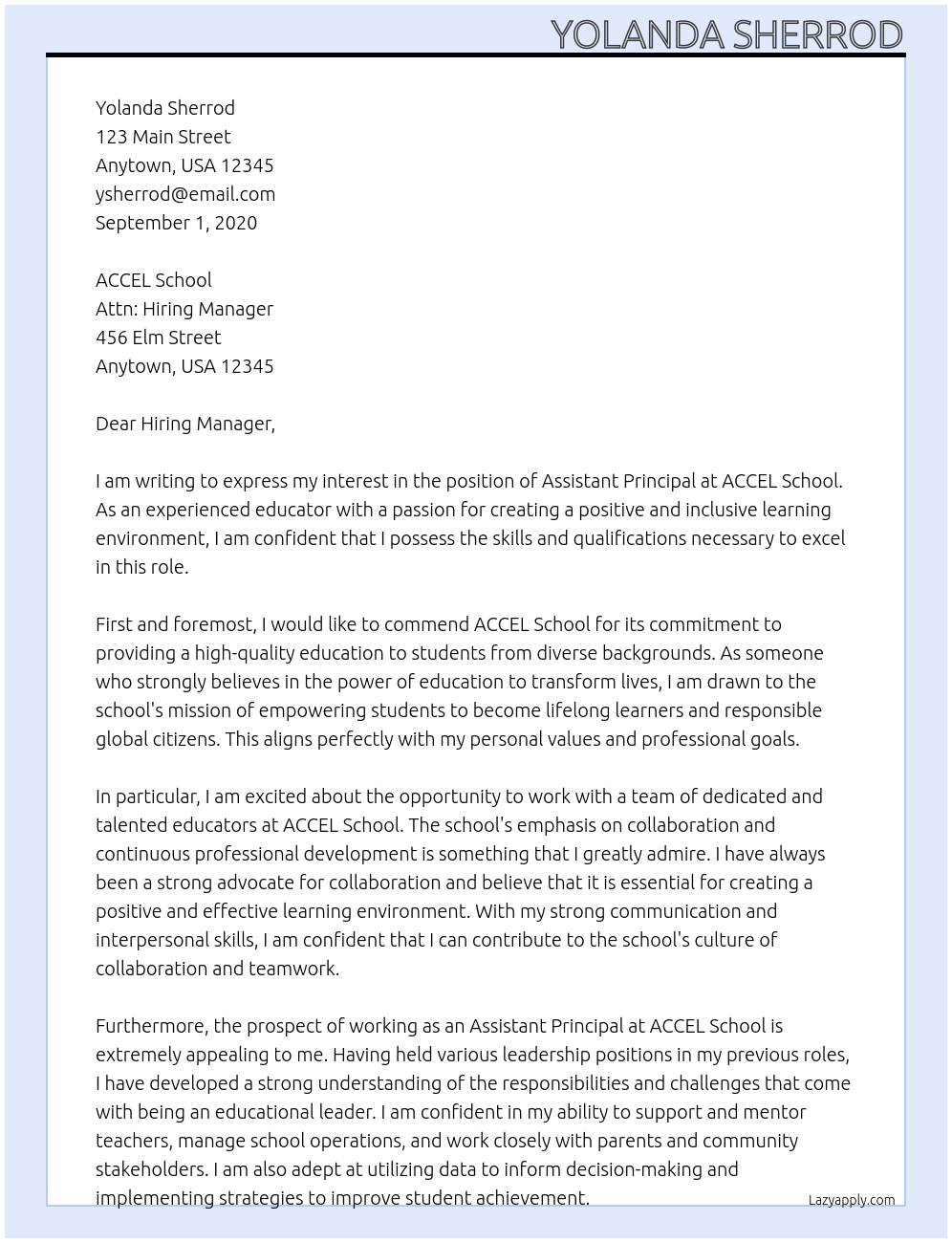 Assistant Principal At ACCEL School Cover Letter