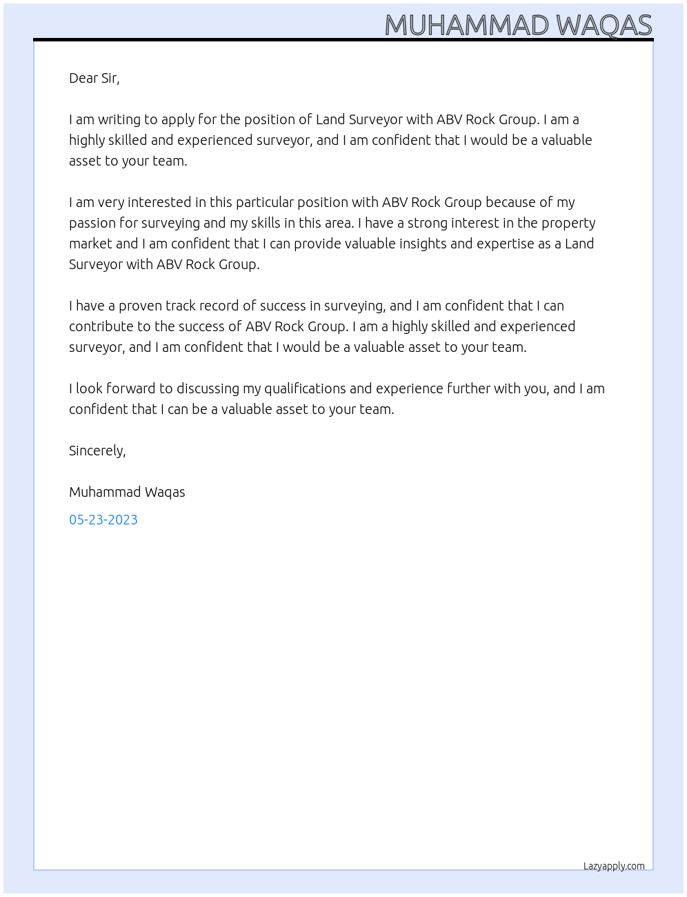 Land Surveyor At ABV Rock Group Cover Letter