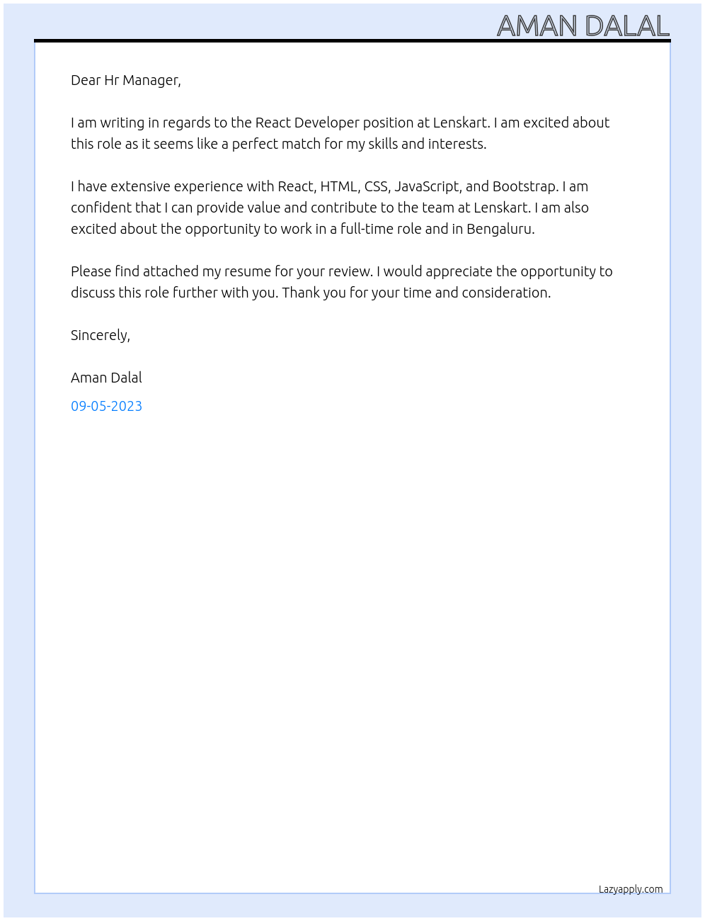 React Developer At Lenskart Cover Letter