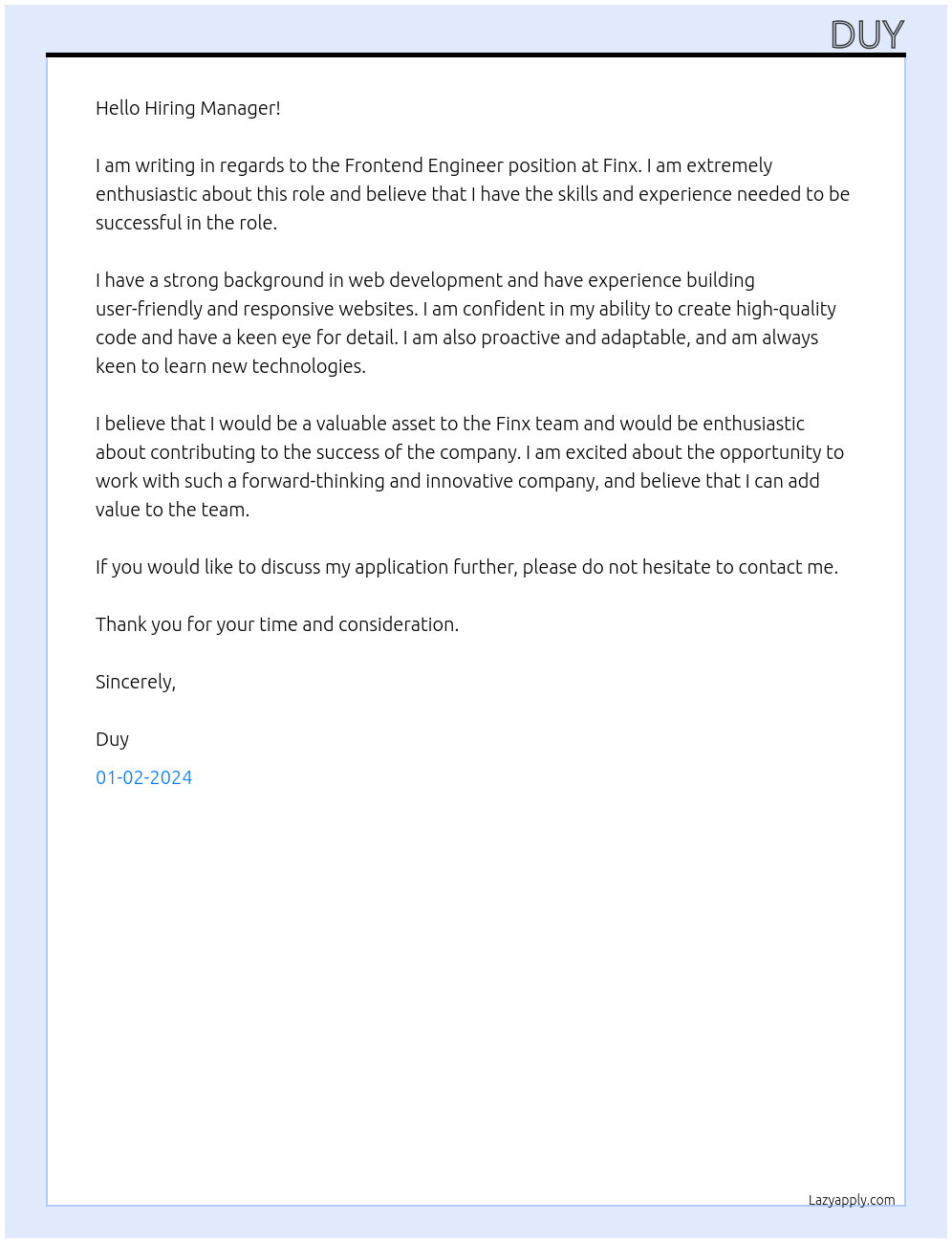 Frontend Engineer At Finx Cover Letter
