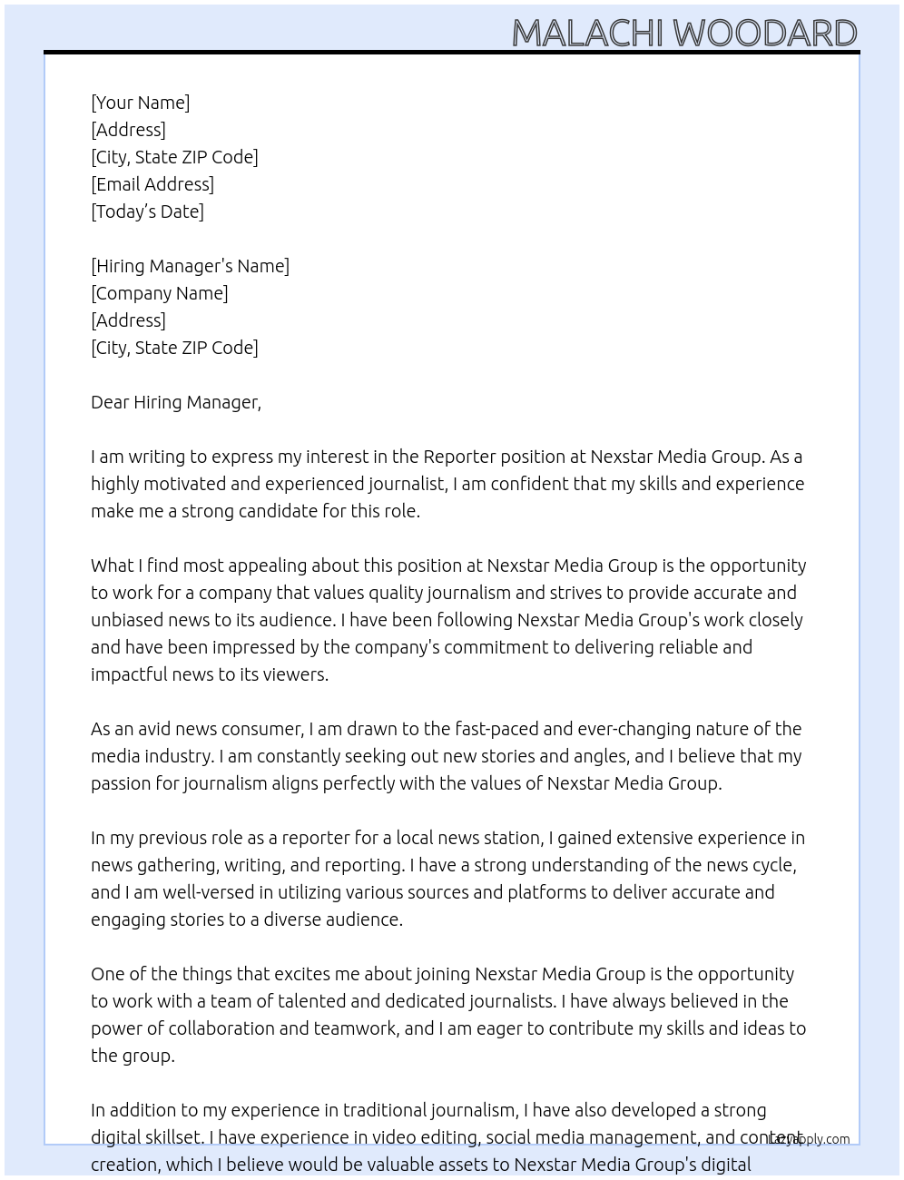 Reporter At Nexstar Media Group Cover Letter