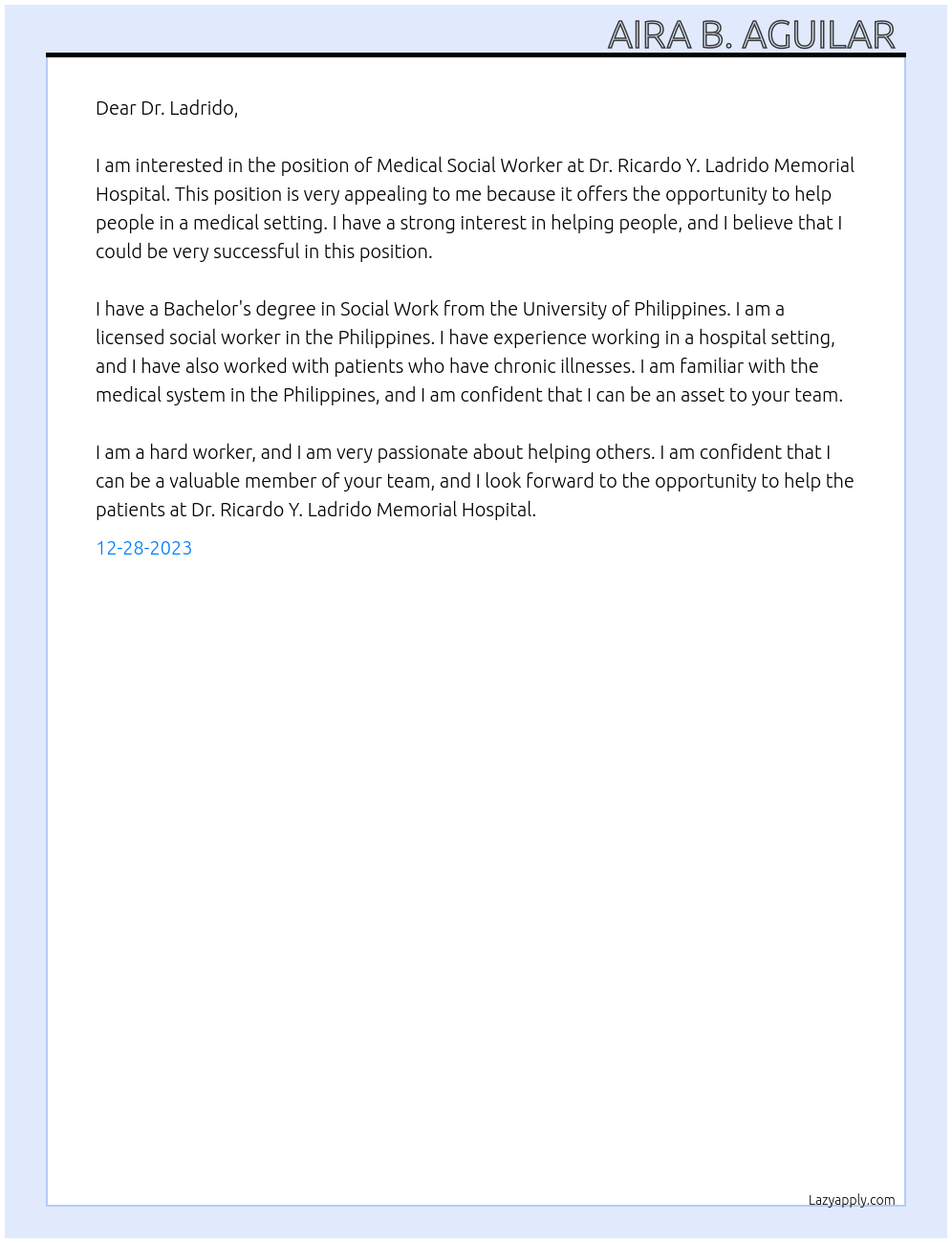 Medical Social Worker  At Dr. Ricardo Y. Ladrido Memorial Hospital  Cover Letter