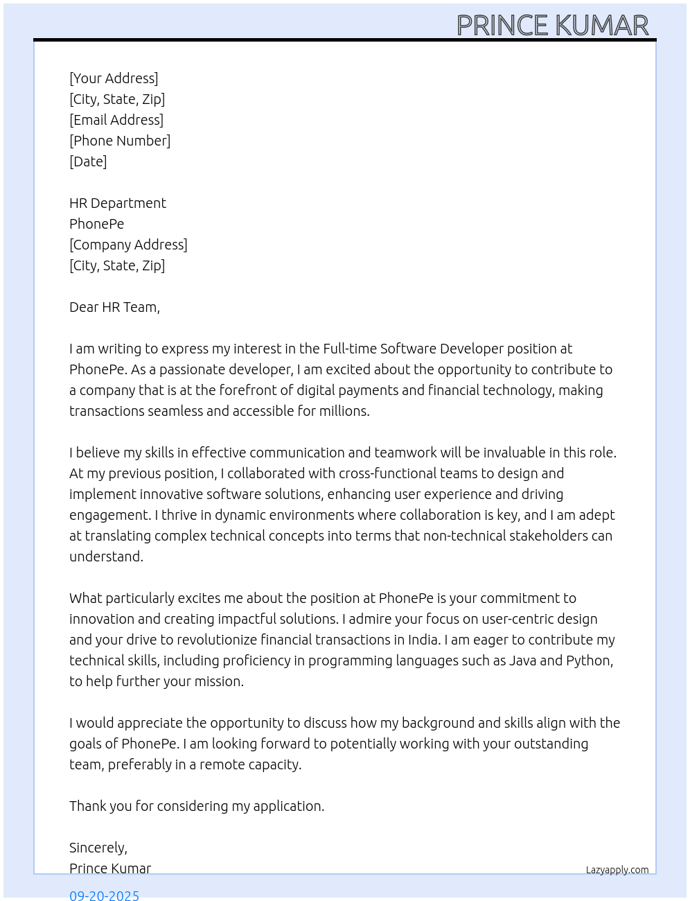 Software developer At Phone pay Cover Letter