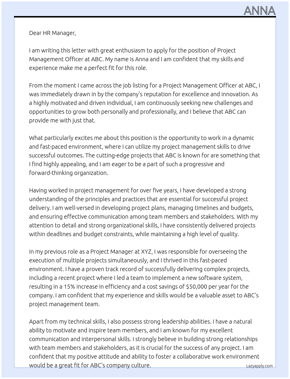 Project Management Officer At ABC Cover Letter