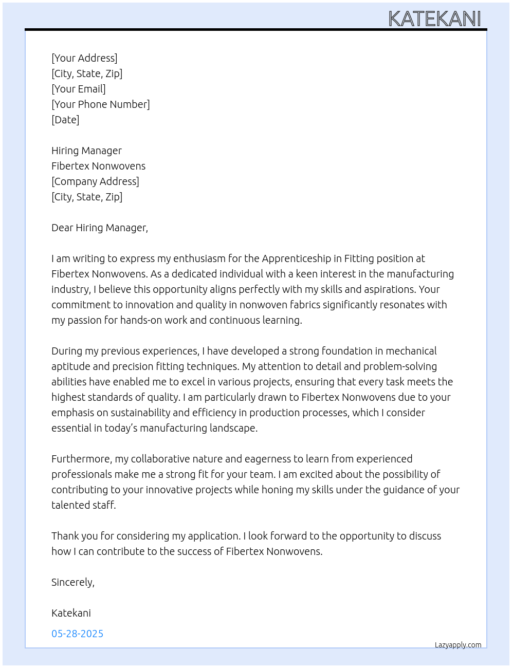 Cover letter for apprenticeship in fitting - LazyApply