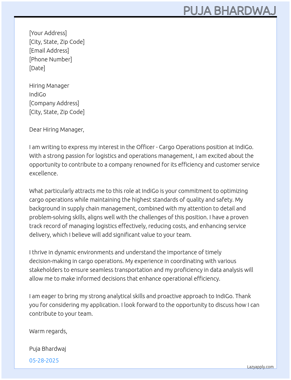 Officer - Cargo Operations At Indigo Cover Letter