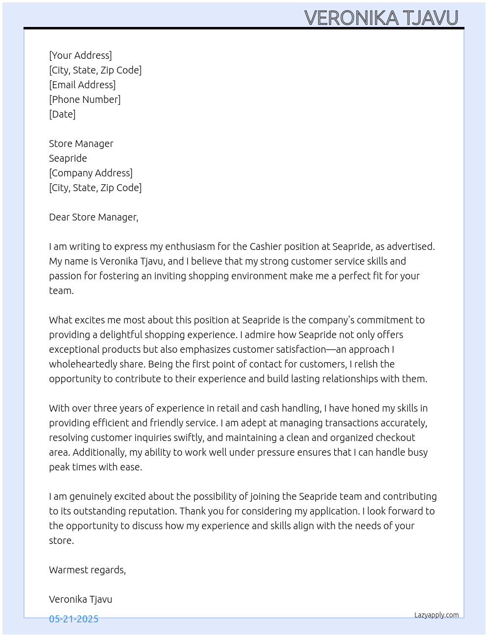 Cashier At Seapride Cover Letter