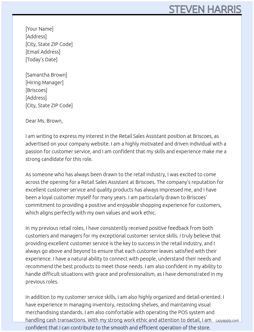 Retail Sales assistant At Briscoes Cover Letter