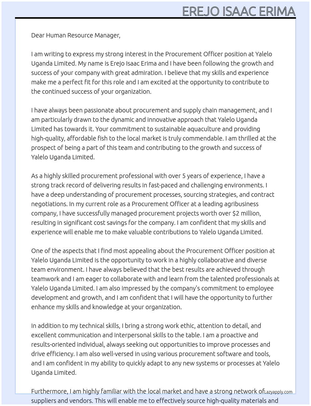 Procurement officer At Yalelo Uganda Limited Cover Letter