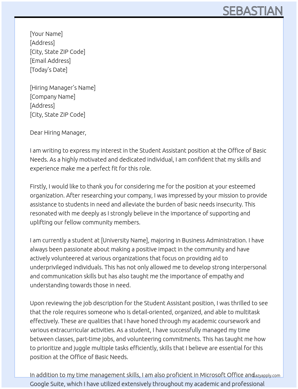 Student Assistant At Office of Basic Needs Cover Letter