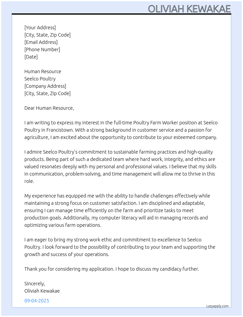 Poultry farm worker At Seelco Poultry Cover Letter