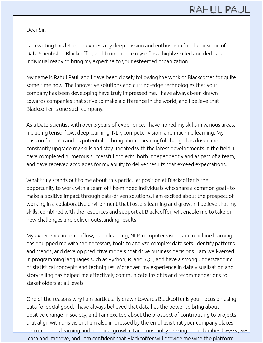 Data Scientist At Blackcoffer Cover Letter