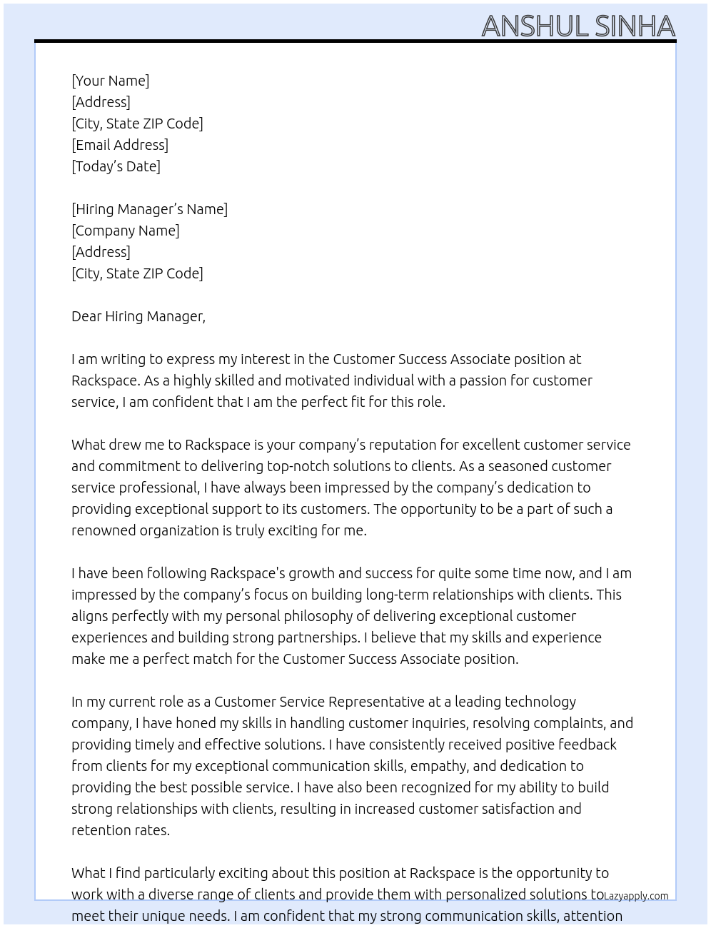 Customer Success Associate At Rackspace Cover Letter