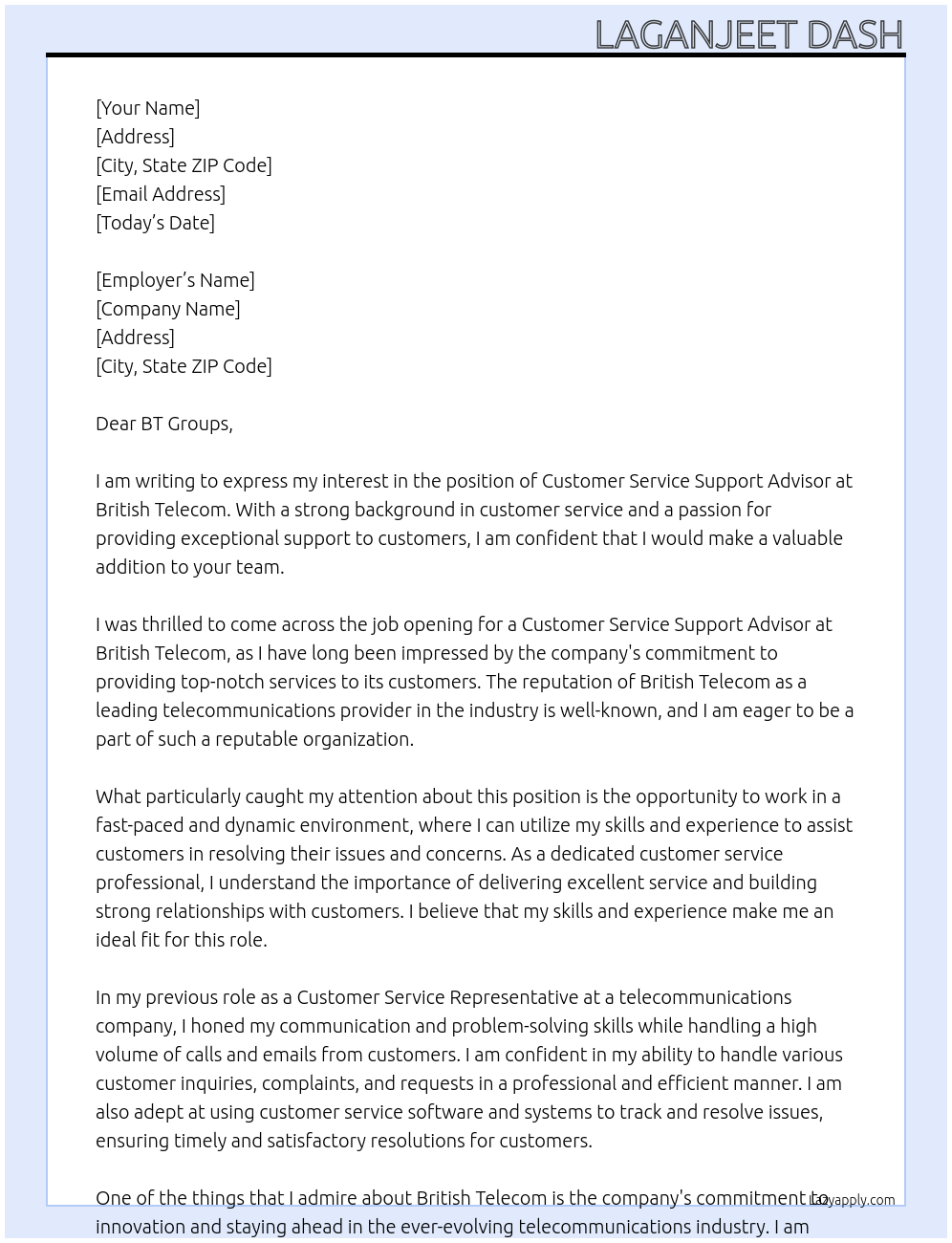 customer service support advisor At British telecom Cover Letter