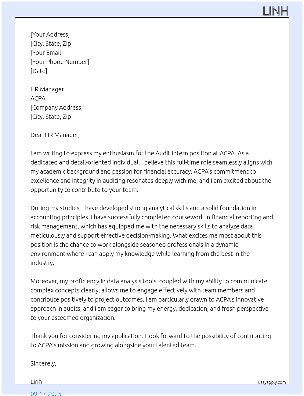 Cover letter for audit intern - LazyApply