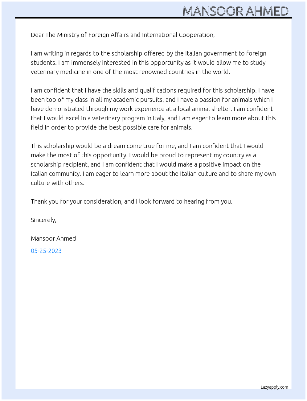 SCHOLARSHIP At SCHOLARSHIP OFFERED BY THE ITALIAN GOVERNMENT TO FOREIGN student Cover Letter