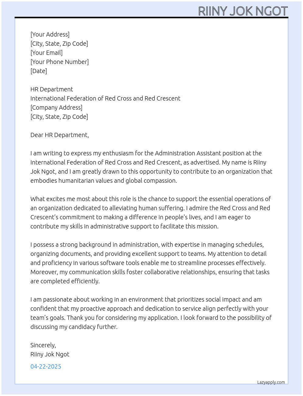 Administration Assistant At International Federation of Red Cross and Red Crescent Cover Letter