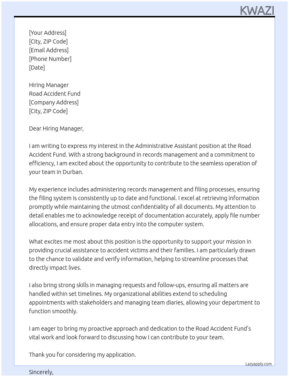 administrative assistant At Road accident fund Cover Letter