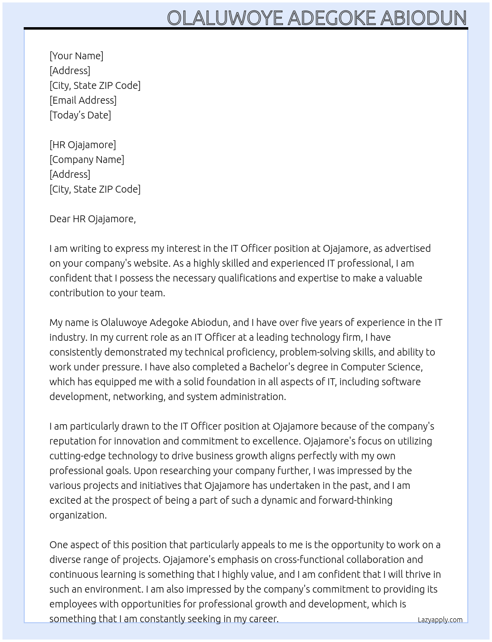 IT Officer At Ojajamore Cover Letter