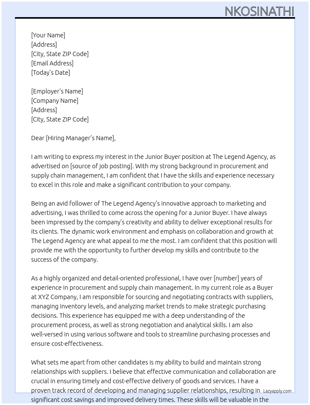 Cover letter for junior buyer - LazyApply