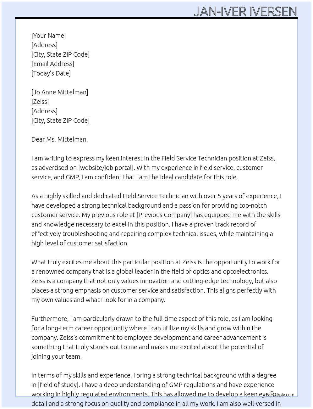 Field Service Technician At Zeiss Cover Letter