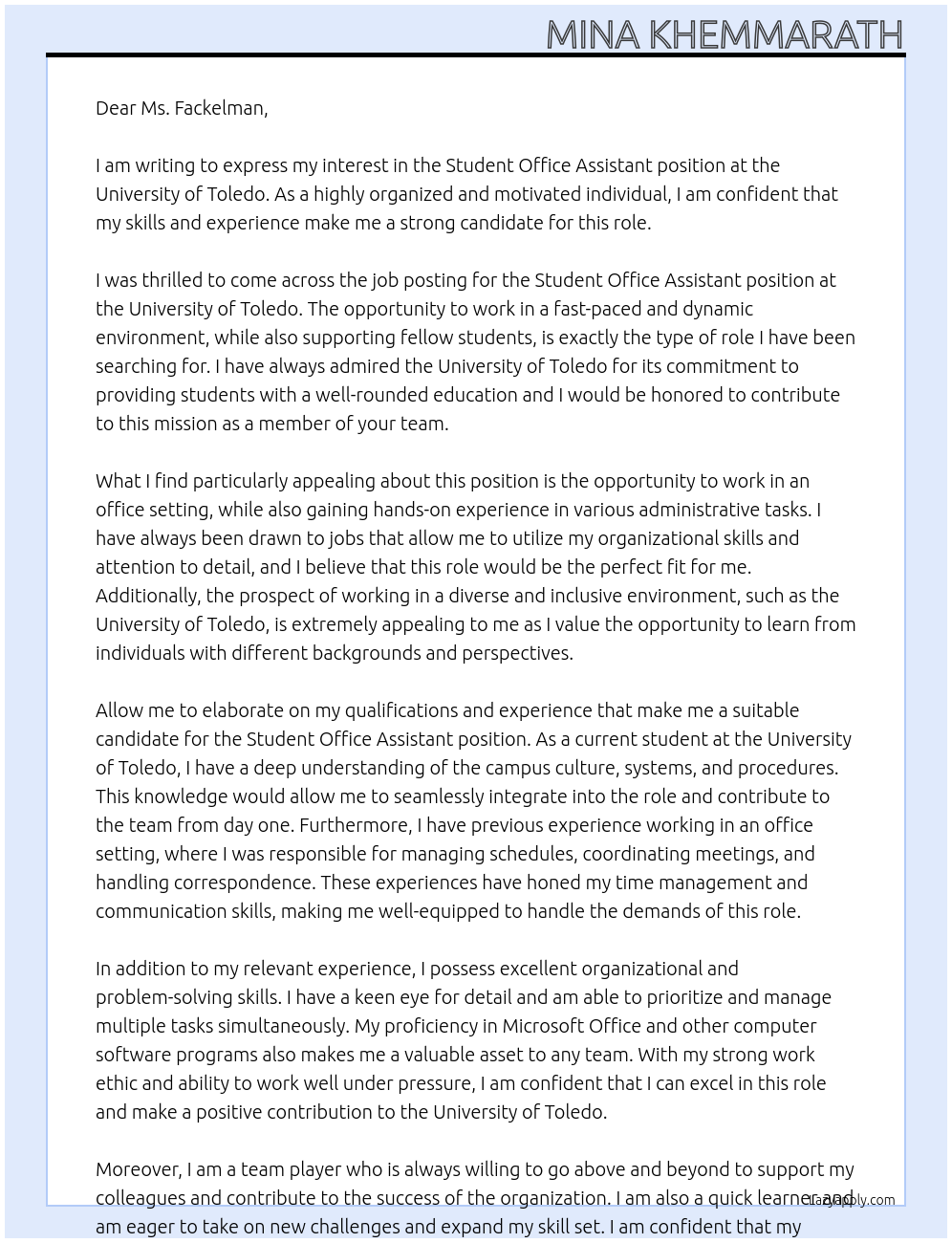 Student Office Assistant At University of Toledo Cover Letter