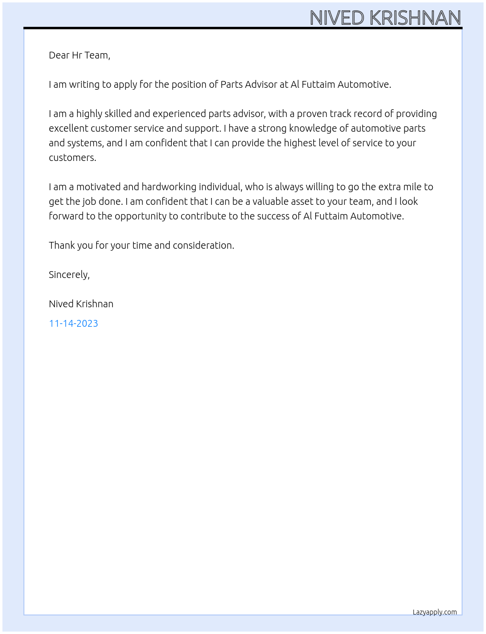 Parts Advisor At Al Futtaim Atomotive Cover Letter