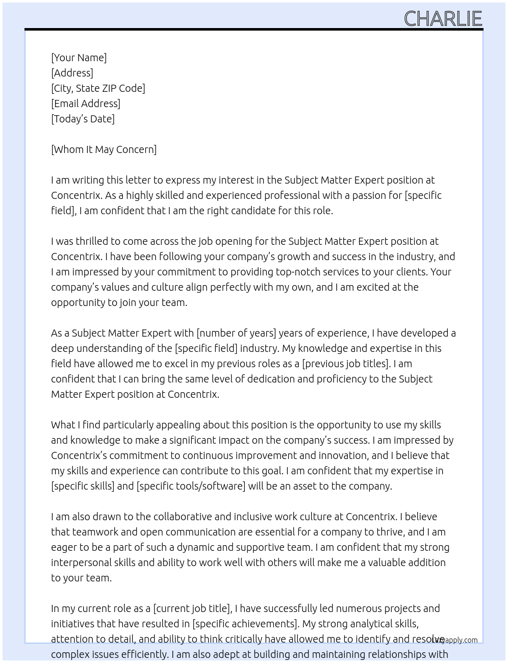 Subject Matter Expert At Concentrix Cover Letter