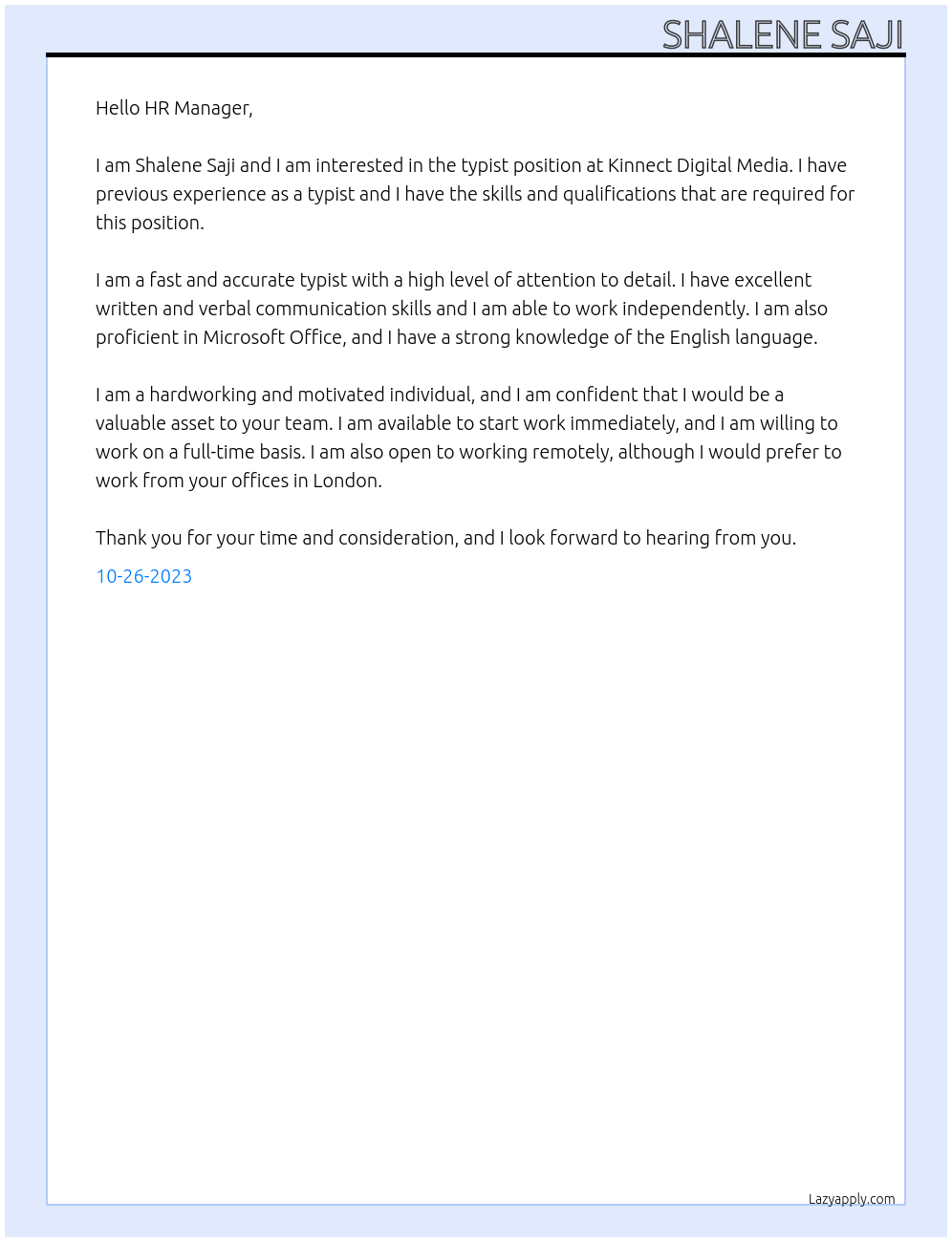 Typist At Kinnect Digital Media Cover Letter