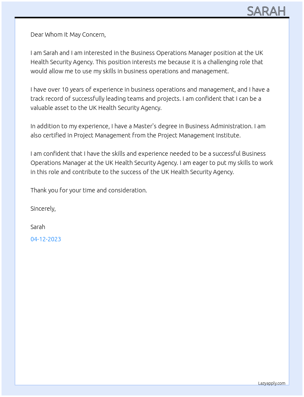 Business Operations Manager  At UK Health Security Agency Cover Letter