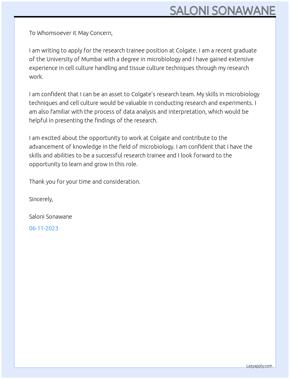 Research trainee At Colgate Cover Letter