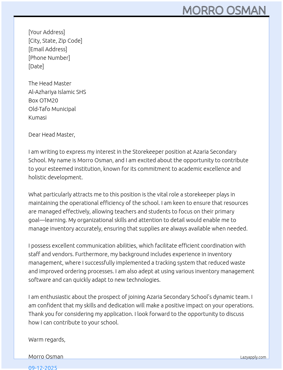 Storekeeper  At Azaria secondary school  Cover Letter