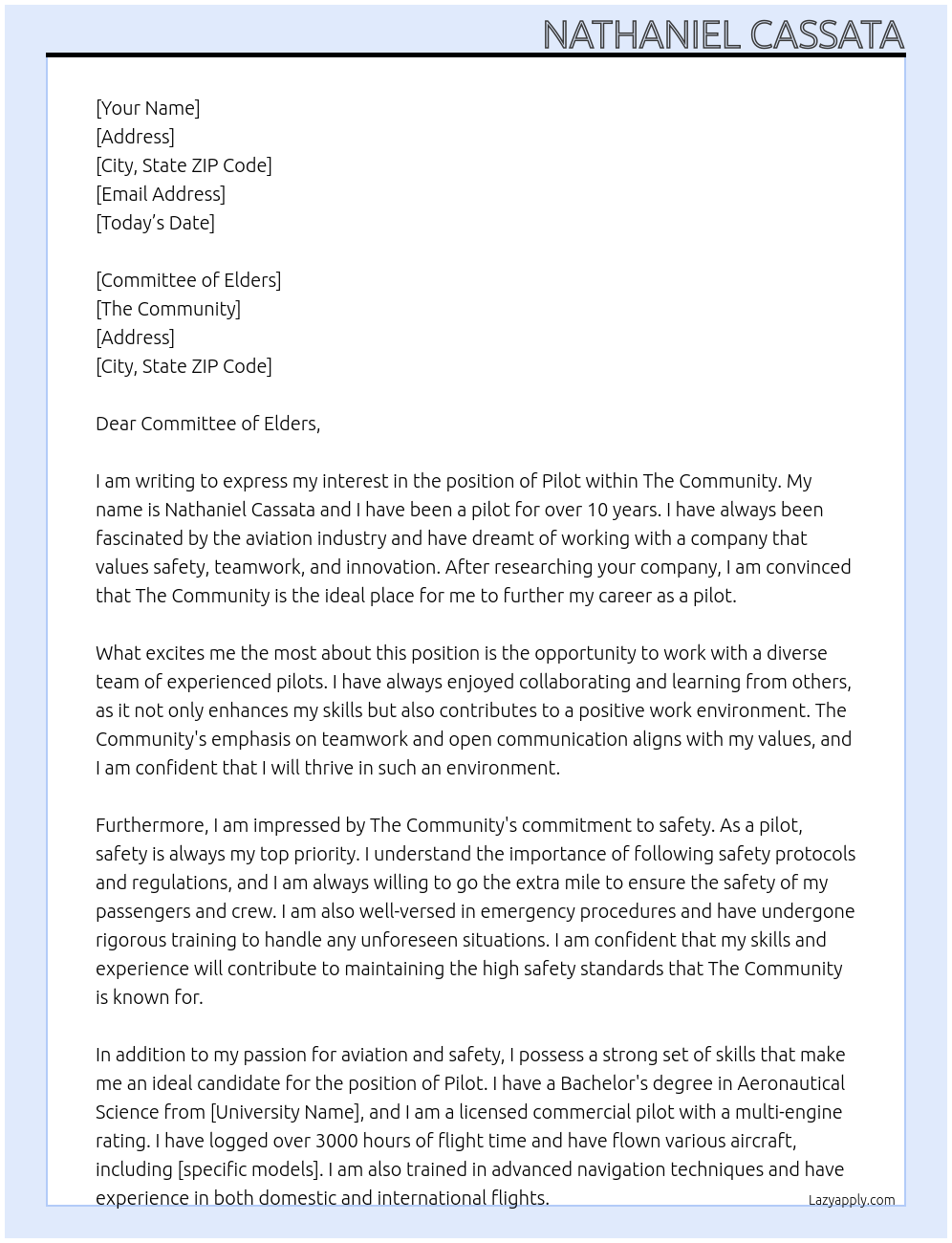 Pilot At The community Cover Letter