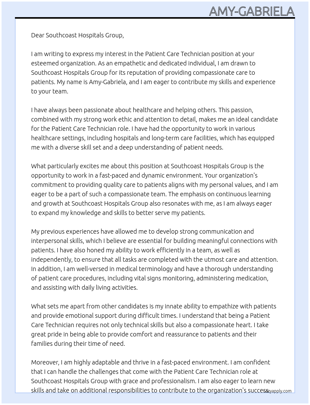 Patient Care Technician At Southcoast Hospitals Group Cover Letter