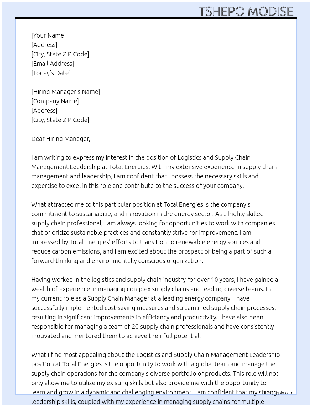 Logistics and supply chain management leadership At Total energies Cover Letter