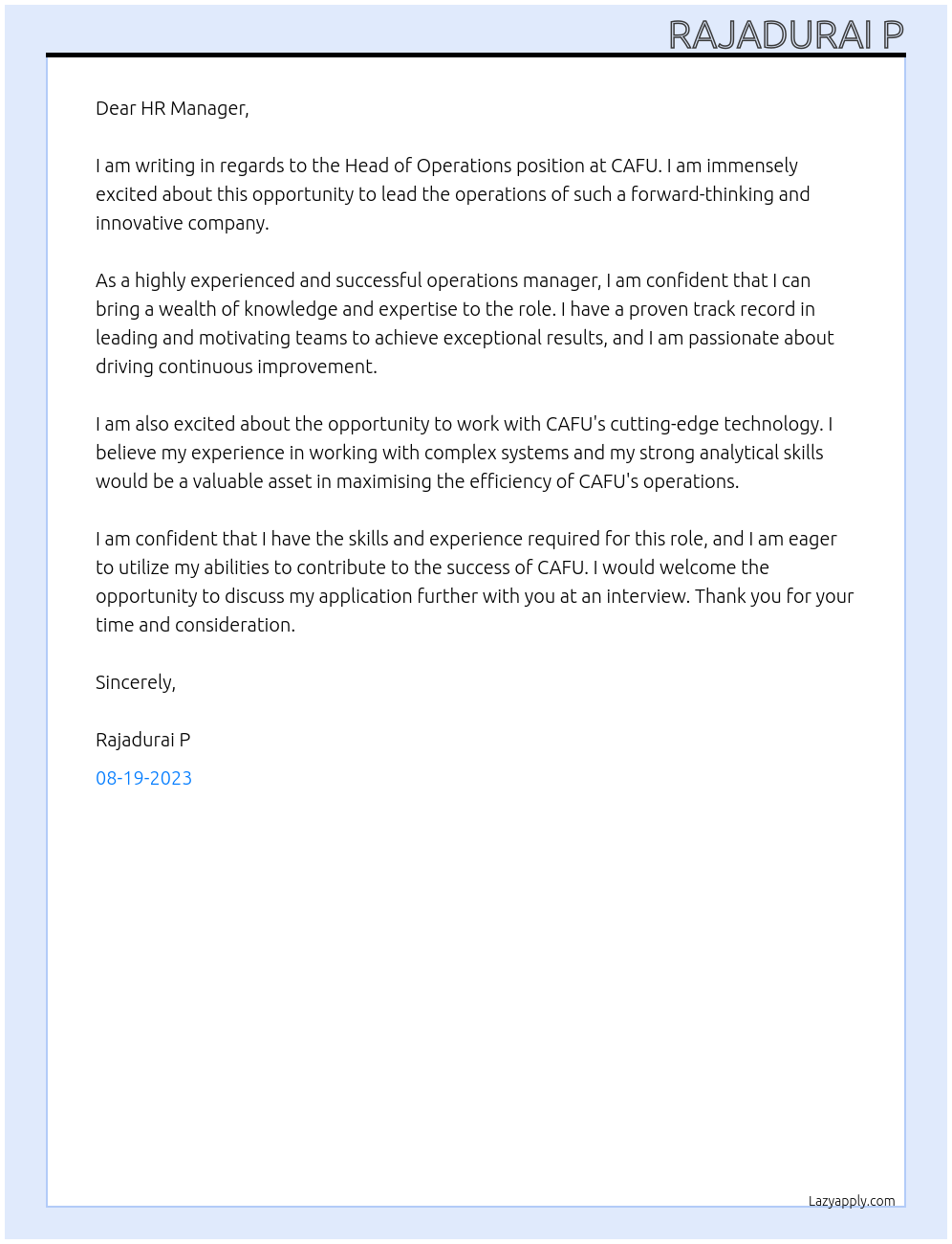 Head of Operations At CAFU Cover Letter