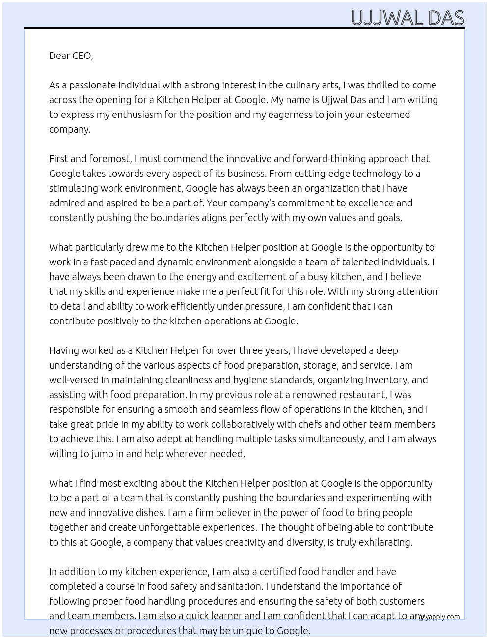 Kitchen helper  At Google  Cover Letter