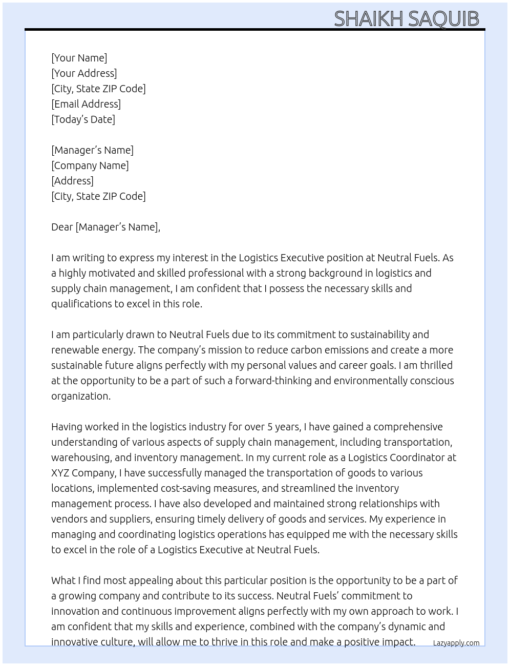 Logistics Executive At Neutral Fuels Cover Letter