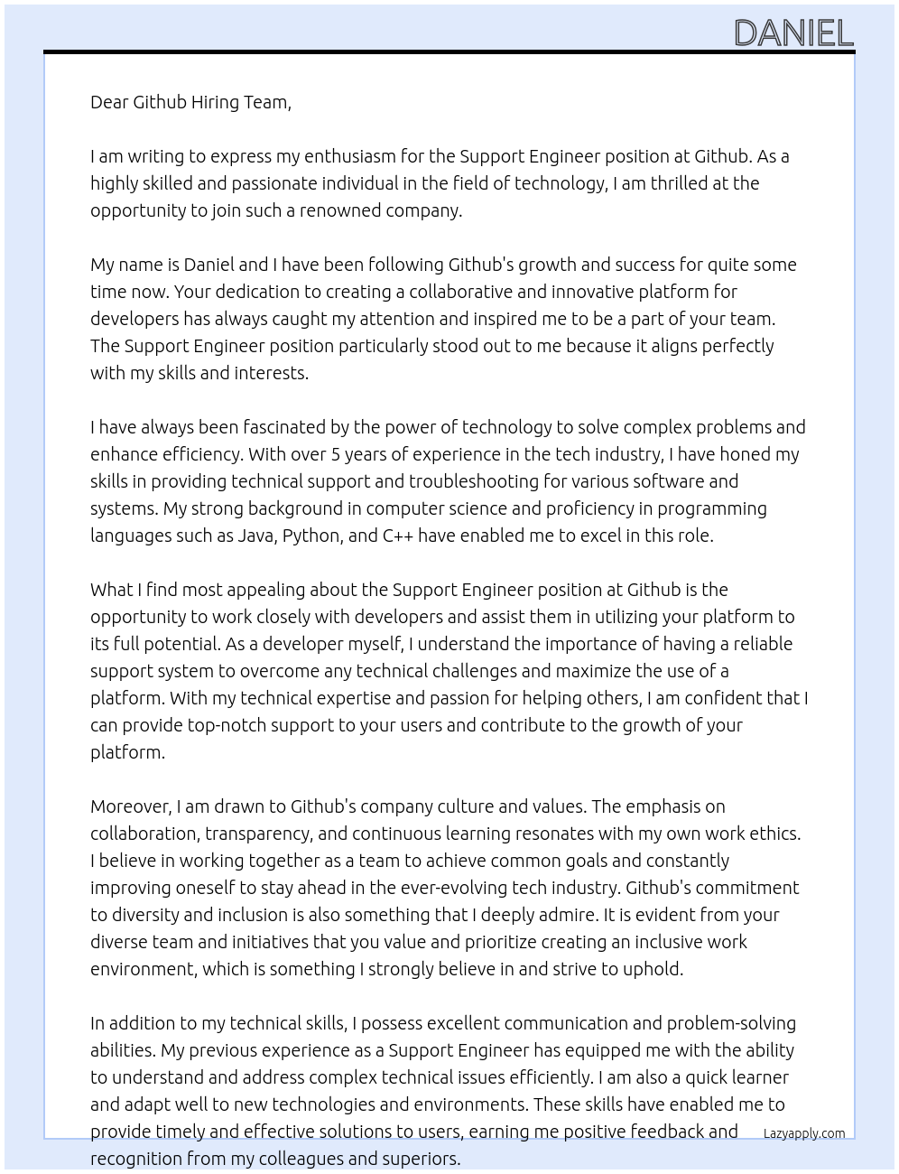 Support Engineer At Github Cover Letter