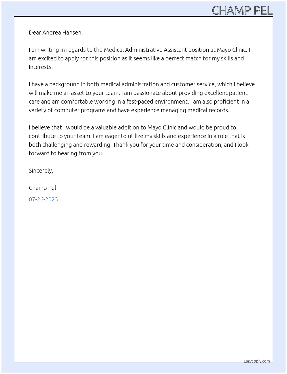 Medical Administrative Assistant At Mayo Clinic Cover Letter