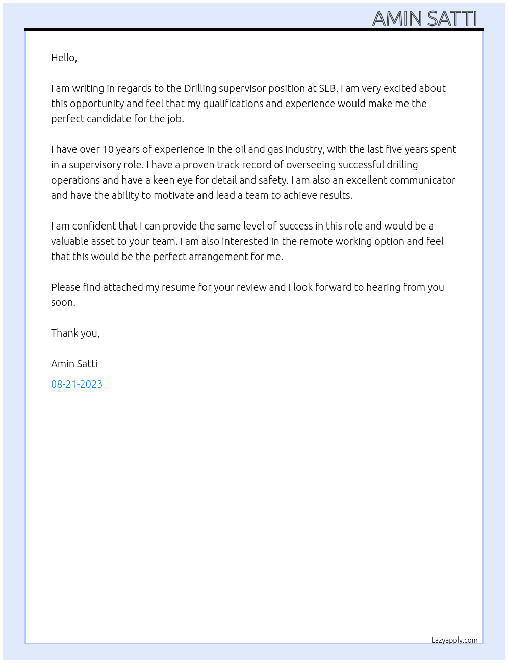 Drilling supervisor  At Slb Cover Letter