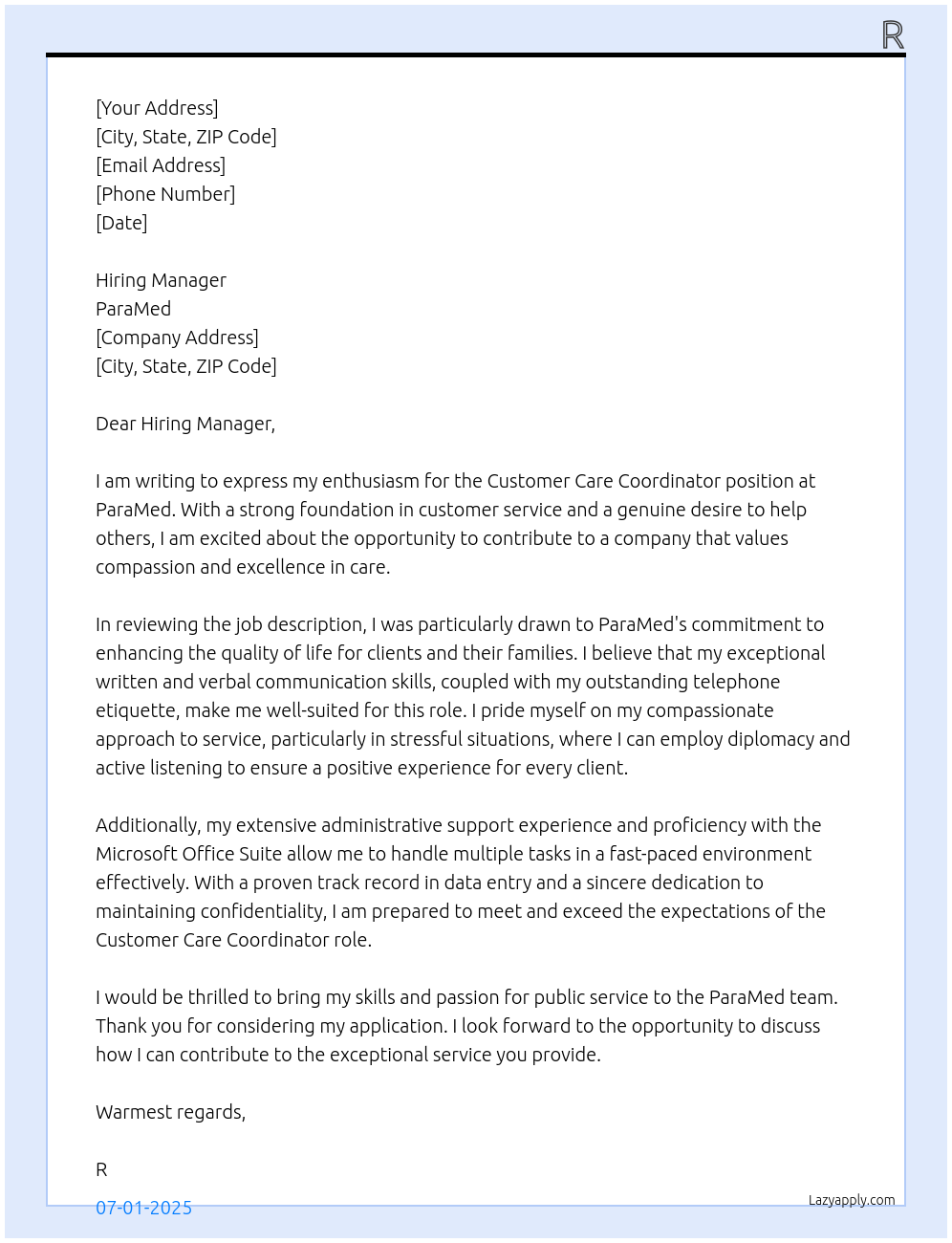 Cover letter for customer care coordinator - LazyApply