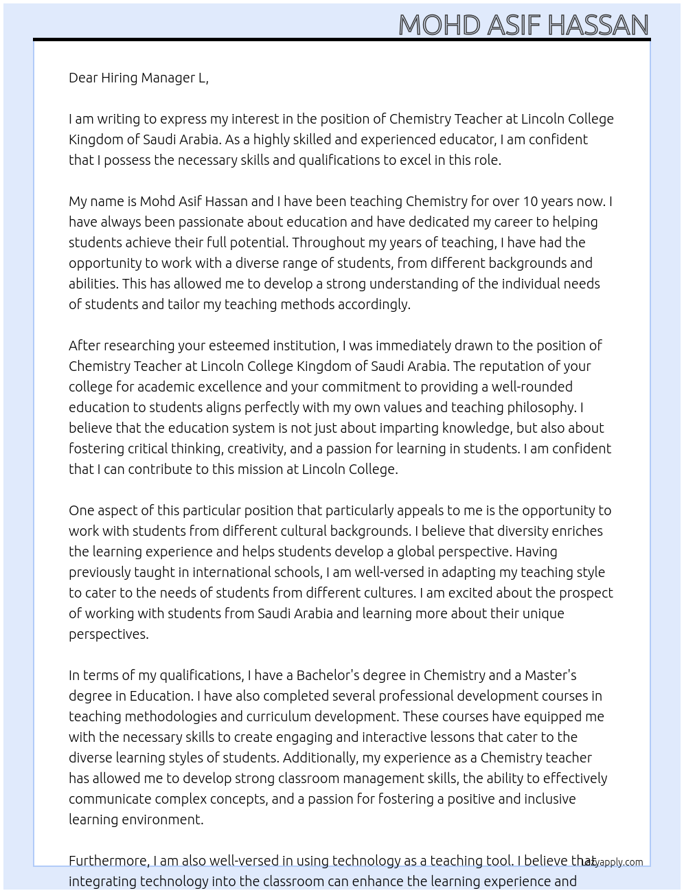 chemistry teacher At LINCOLN COLLEGE KINGDOM OF SAUDI ARAB Cover Letter