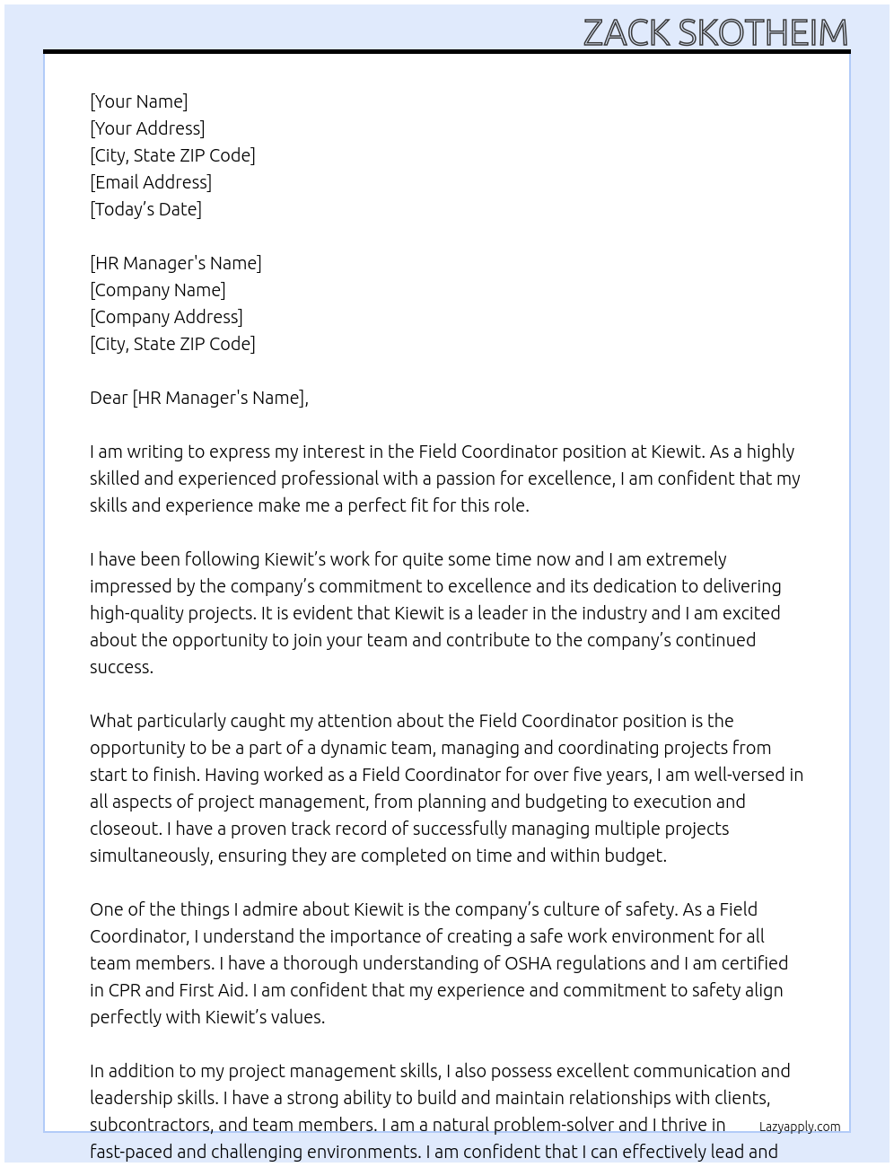 Field Coordinator At Kiewit Cover Letter