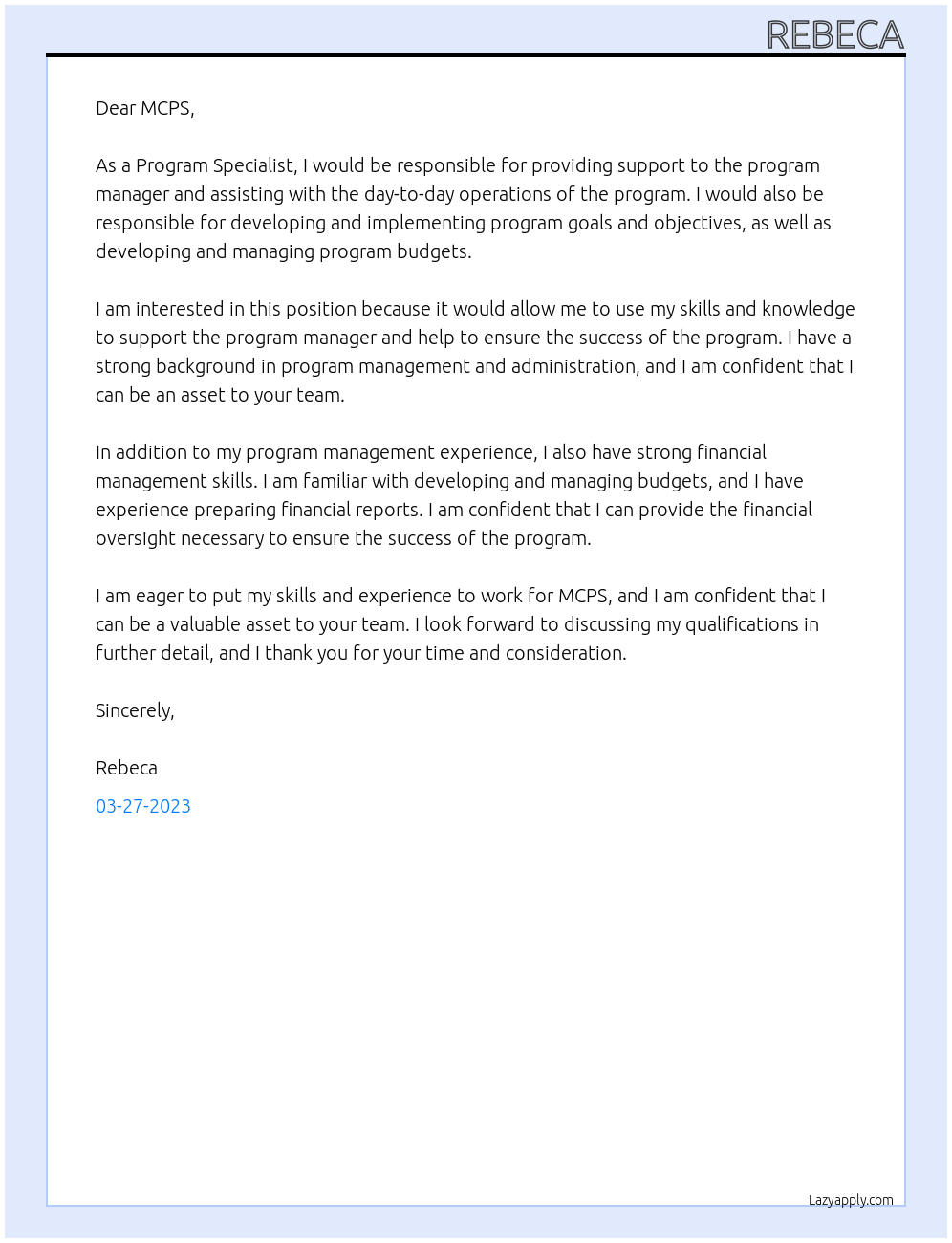 Program Specialist At MCPS Cover Letter