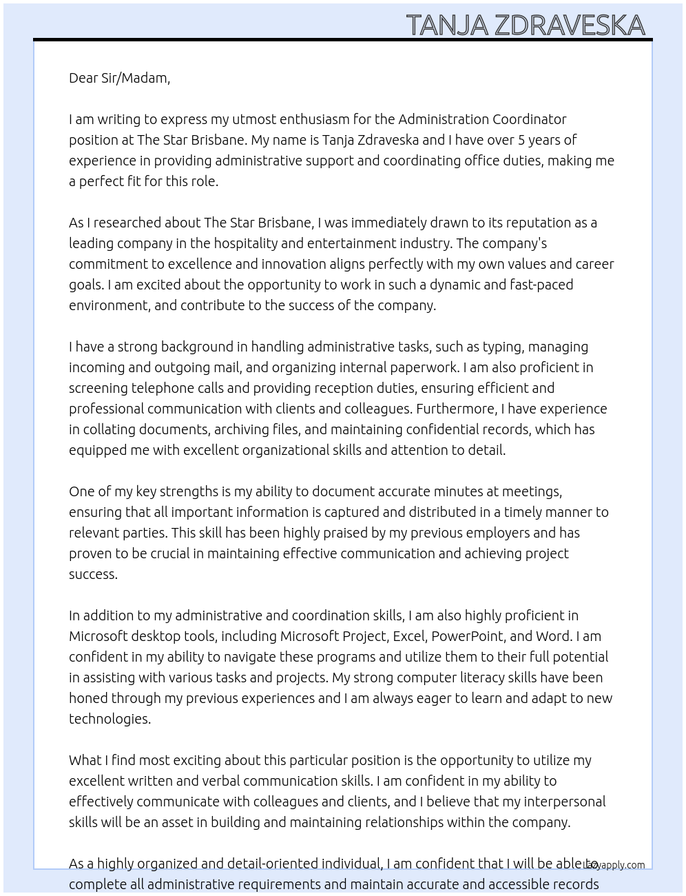 Administration Coordinator At The Star Brisbane Cover Letter