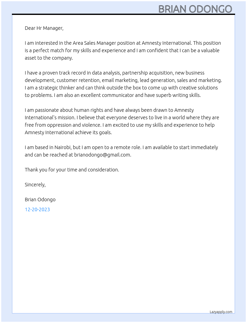 Area Sales Manager At AMNESTY INTERNATIONAL Cover Letter