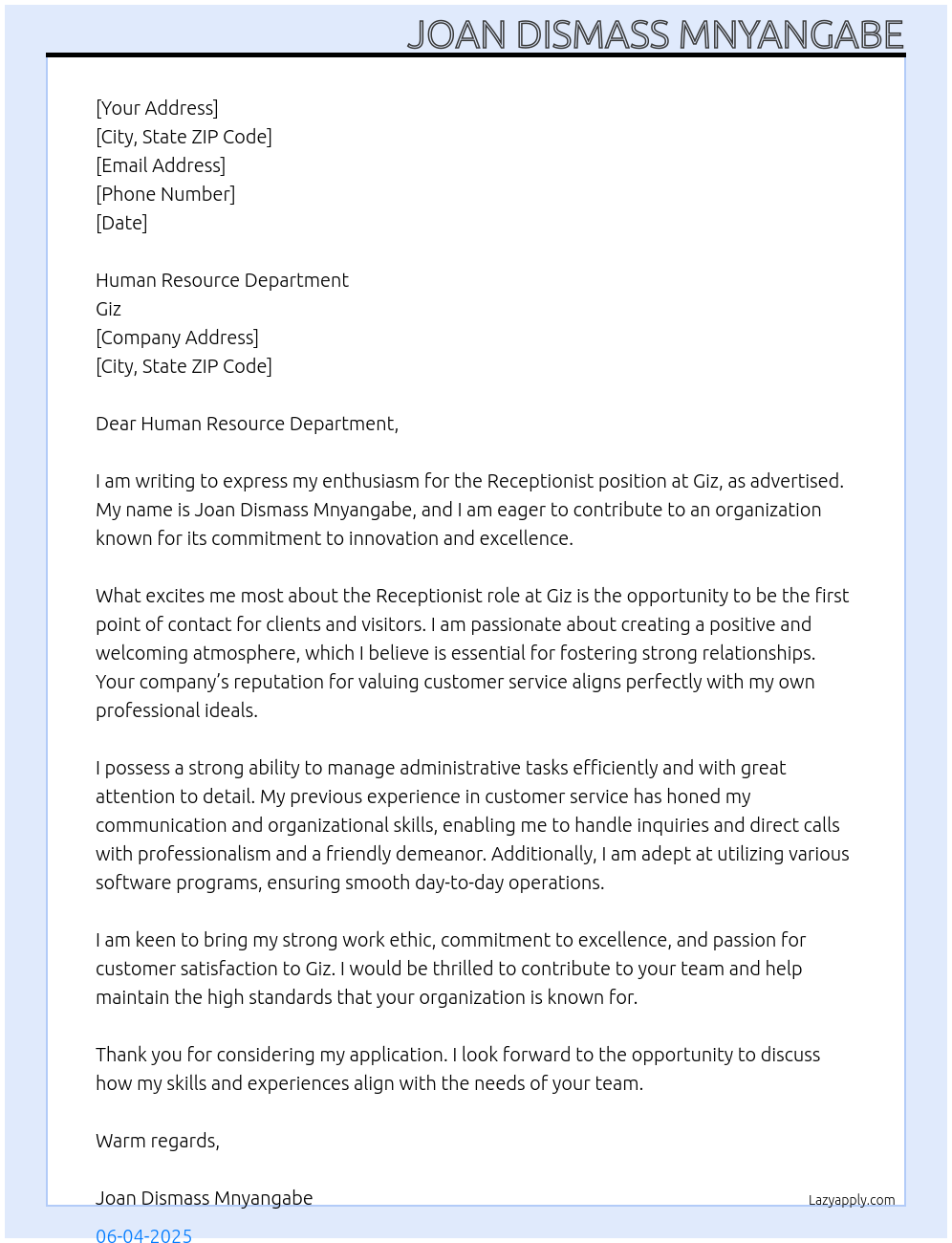 Receptionist At Giz Cover Letter